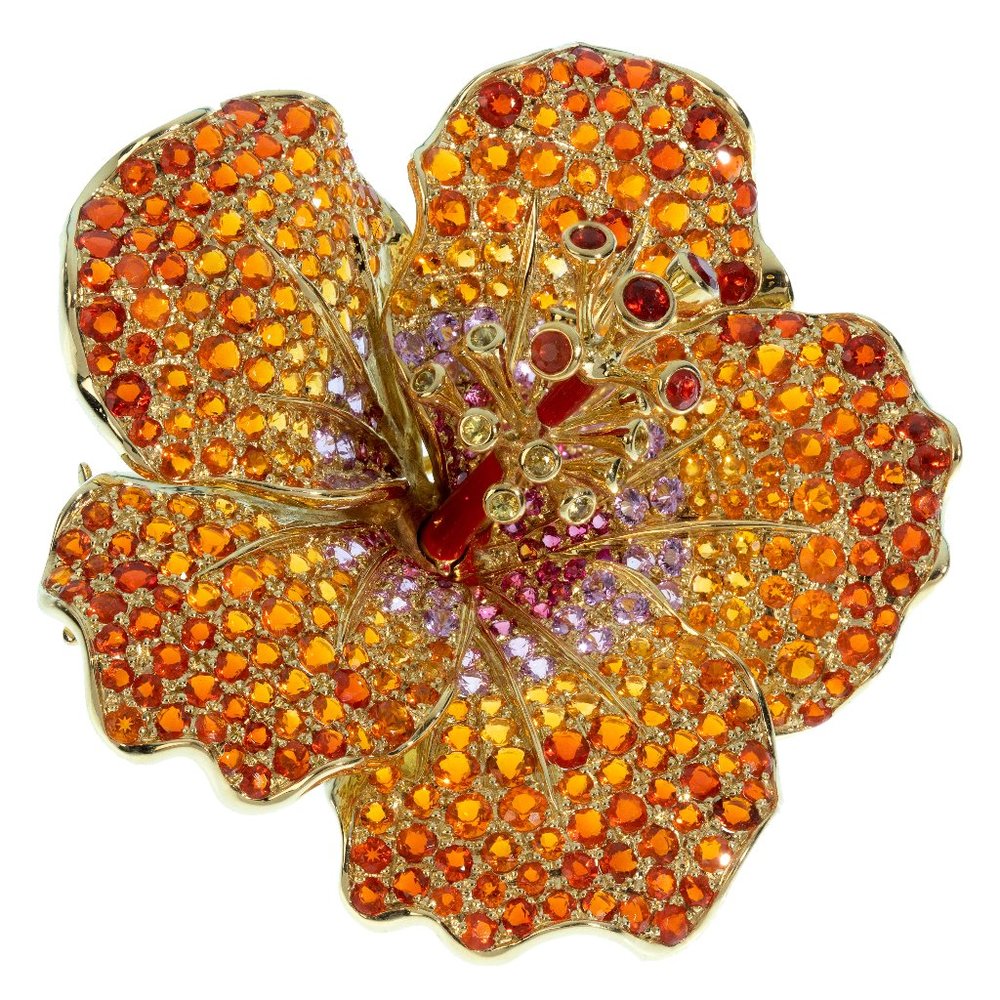 Crevoshay Masterworks Opal Sapphire 18k Flower Brooch Pin “Nectar of the Sun”